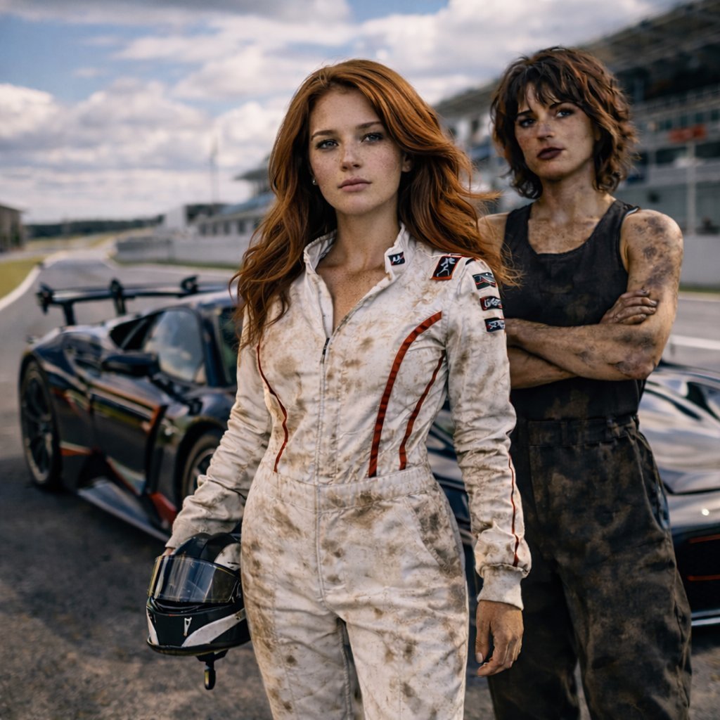 Two women at an airport with a sports car. Woman in front wears a white racing suit with stains, woman behind wears black tank top with tattoos.