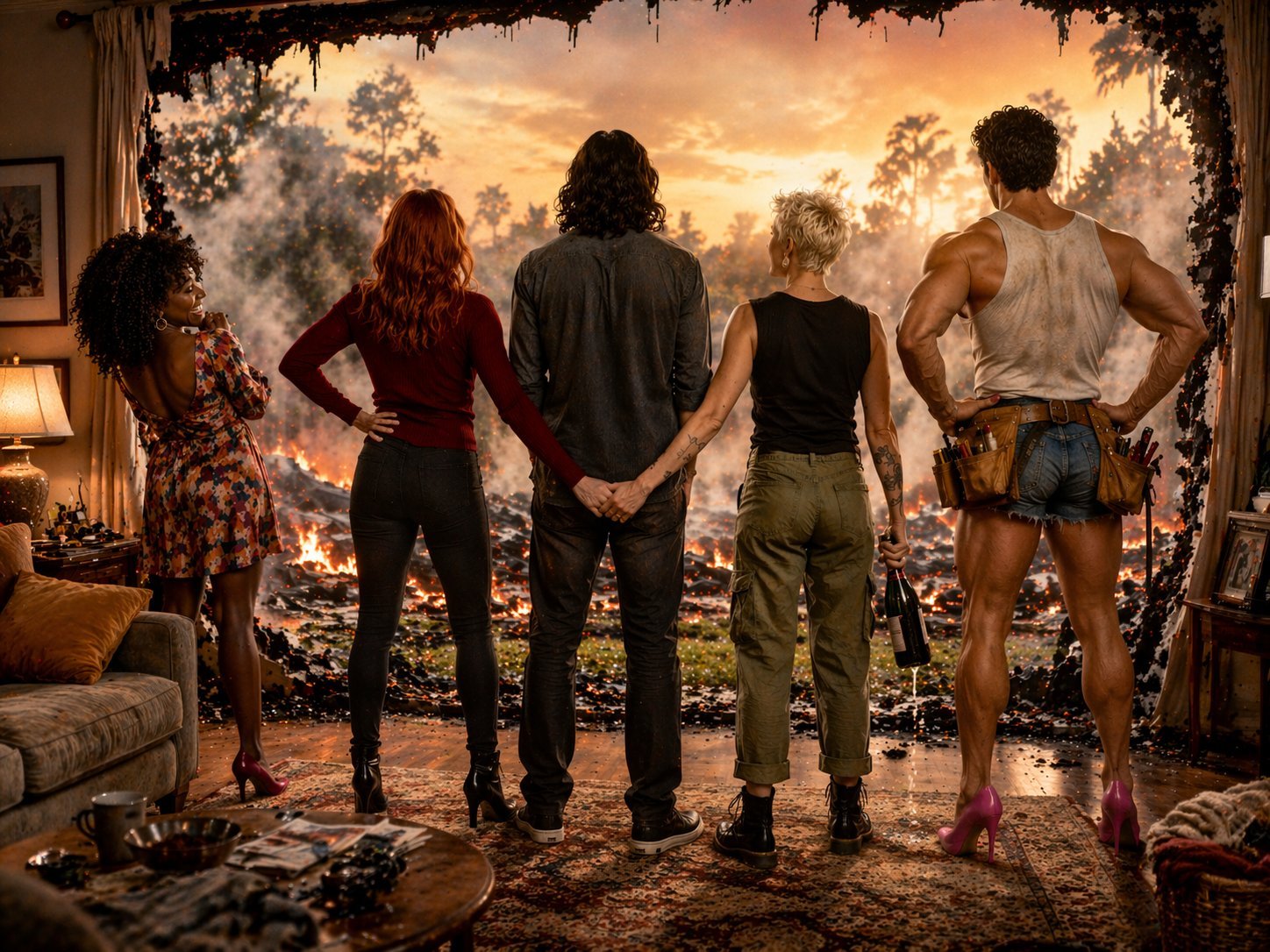 Five people stand in an interior room viewing a large window showing a fiery apocalyptic landscape outside